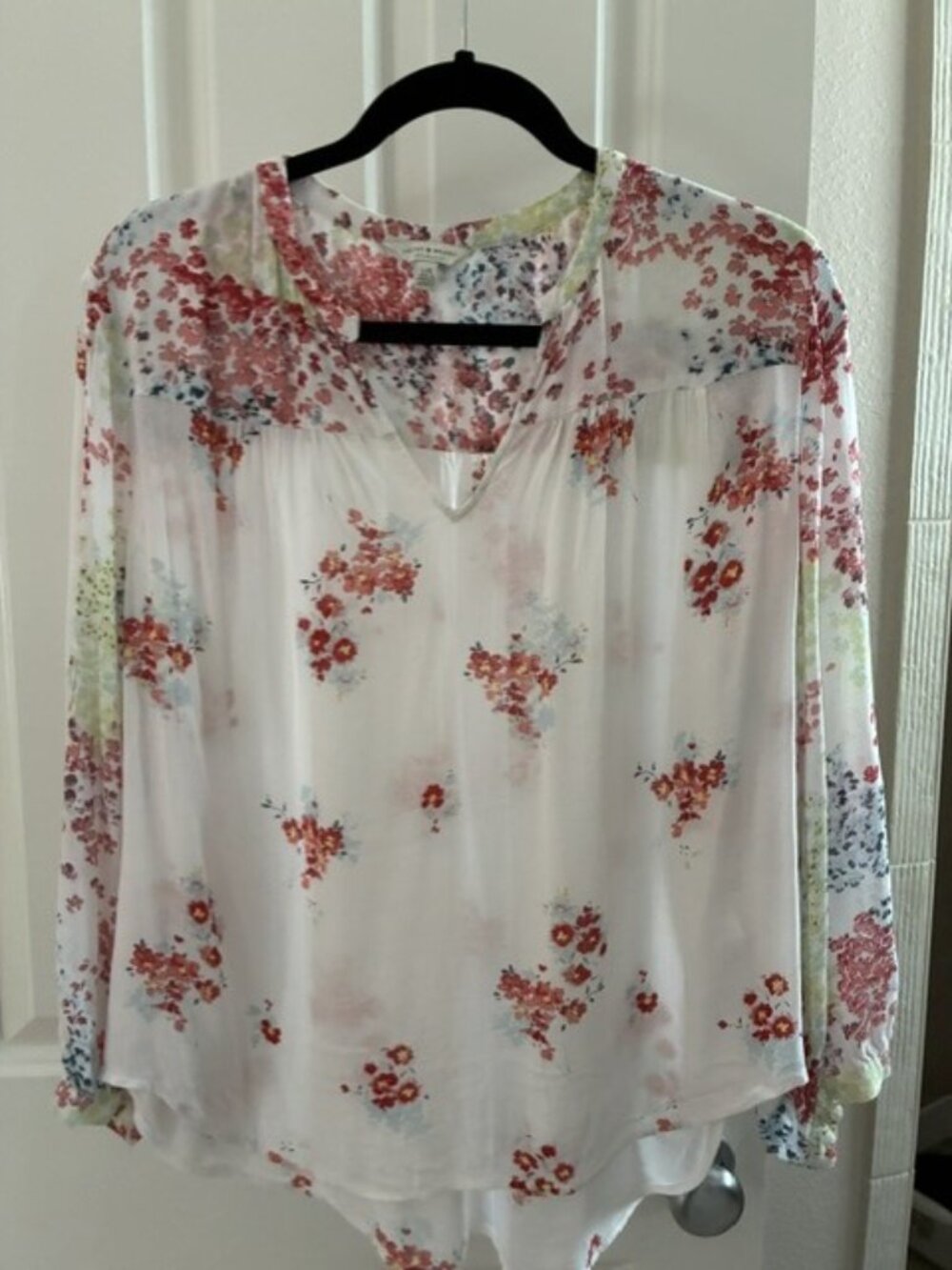 Lucky Brand floral blouse white red blue womens size L